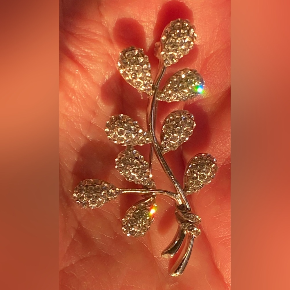 Vintage Leaf Floral Iridescent Stone 2.5” Pin Brooch Crystals Rhinestones Flower